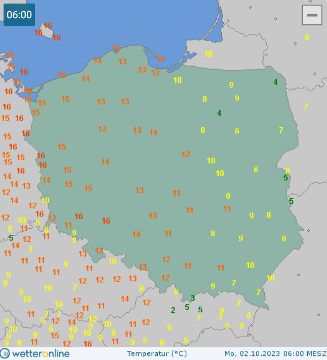 Temperatura w poniedziałek 2.10 ok. godz. 6