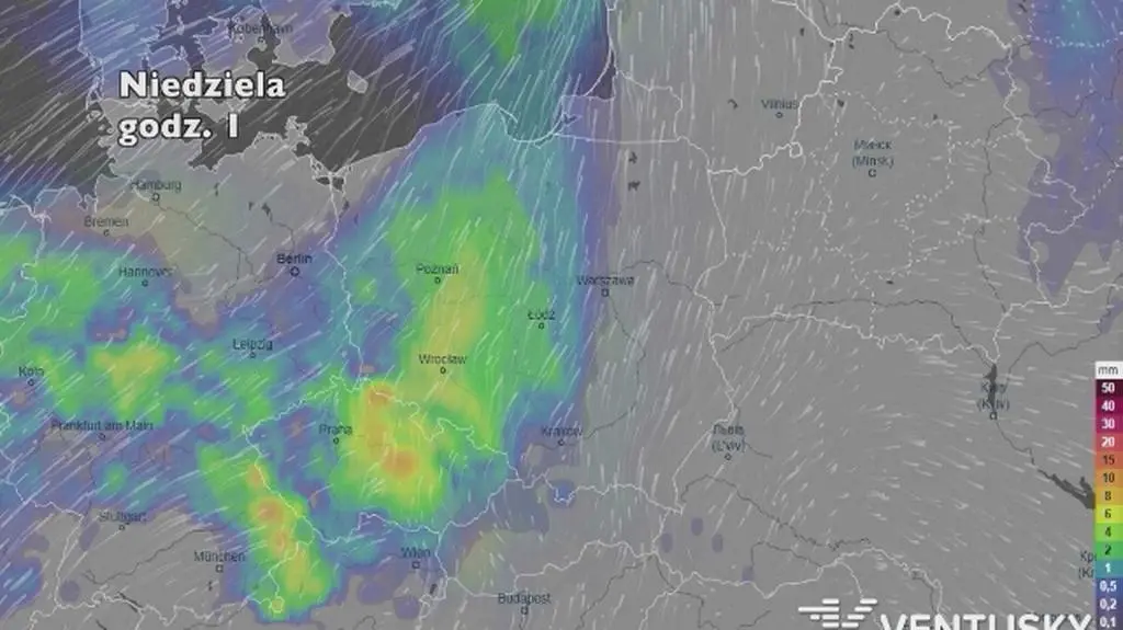 Rozkład i wysokość opadów w najbliższych dniach (ventusky