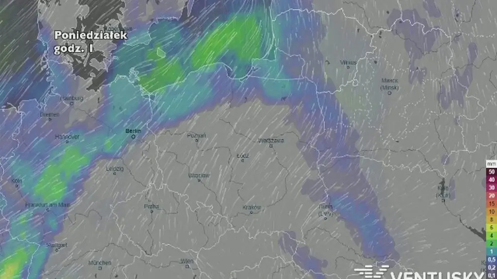 Rozkład i wysokość opadów w najbliższych dniach (ventusky