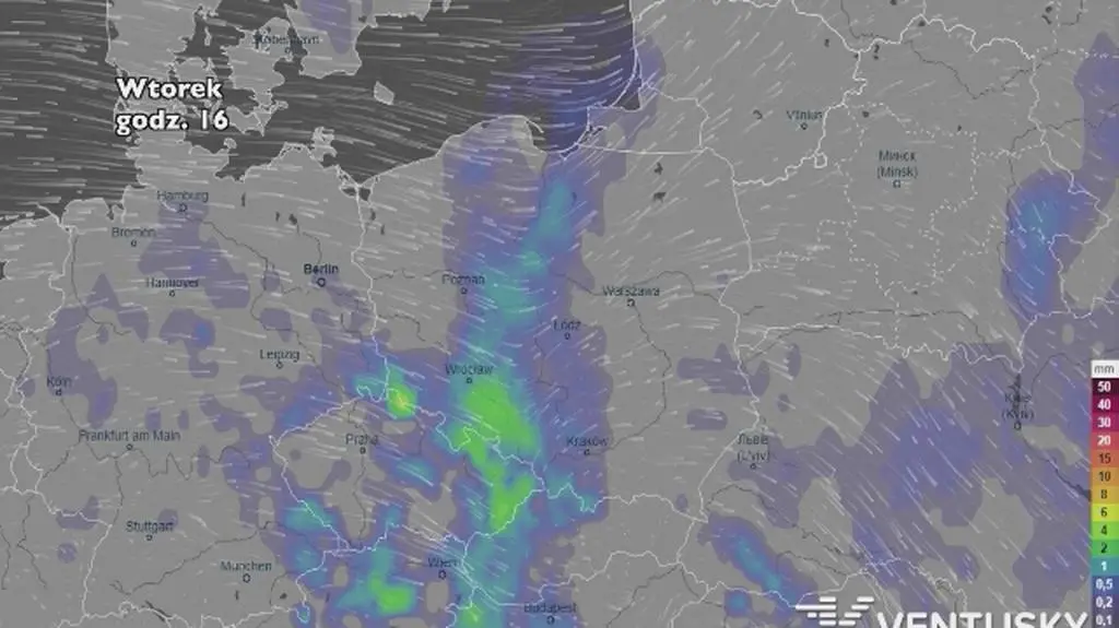 Rozkład i wysokość opadów w najbliższych dniach (ventusky