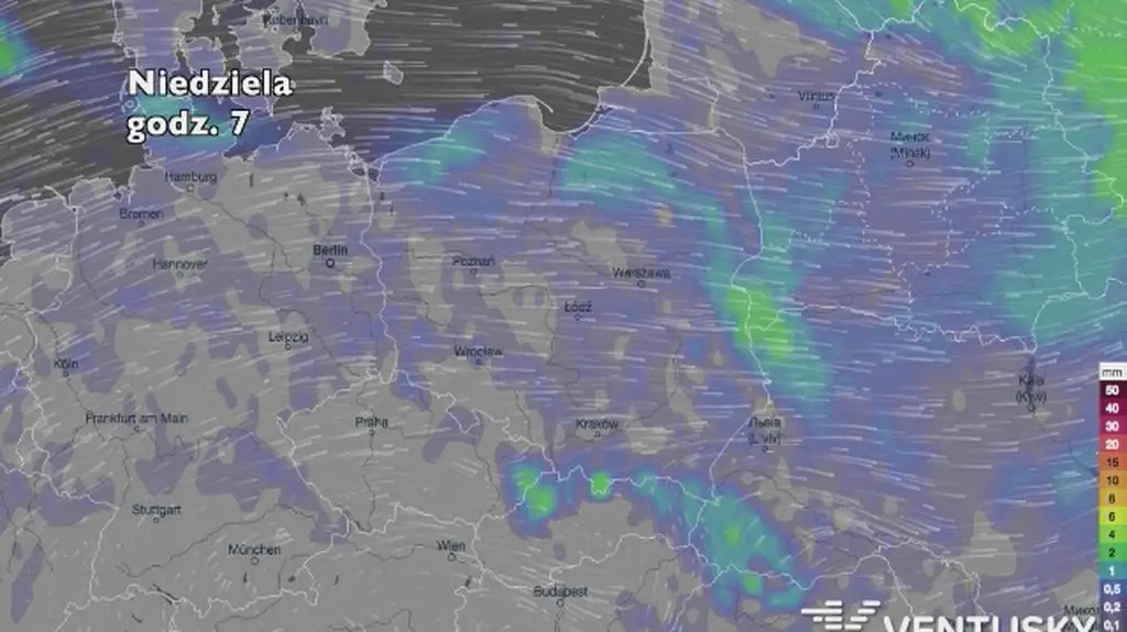 Rozkład i wysokość opadów w najbliższych dniach (ventusky