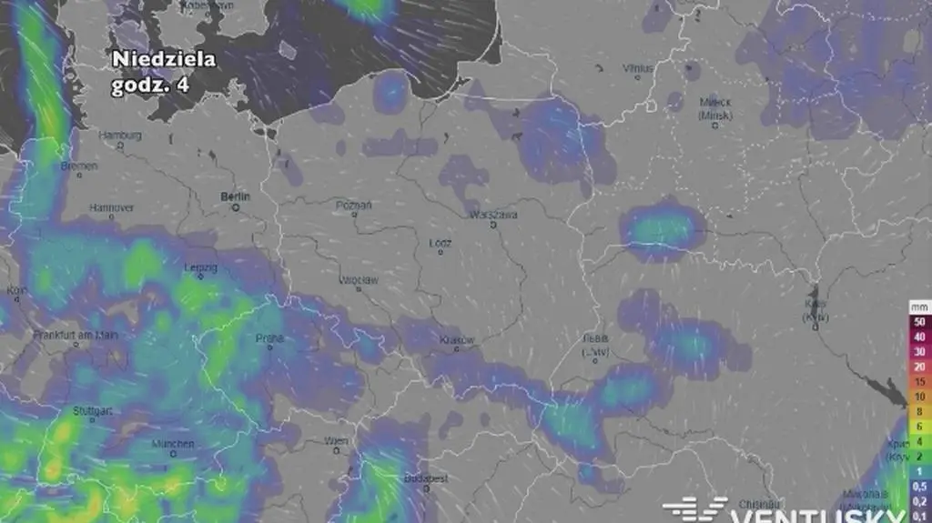 Rozkład i wysokość opadów w niedzielę (ventusky