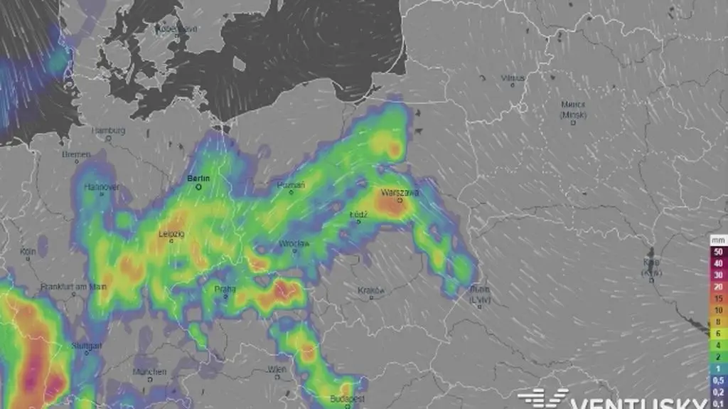 Rozkład opadów w najbliższych dniach (Ventusky