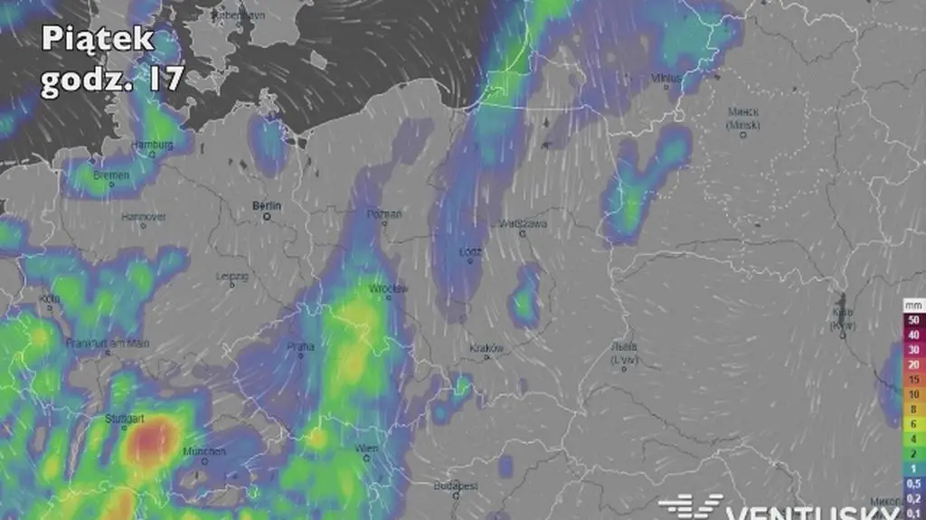 Rozkład opadów w najbliższych dniach (Ventusky