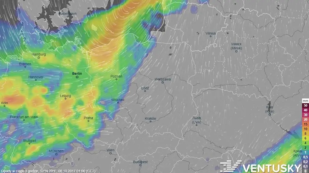 Rozkład opadów w najbliższych dniach (ventusky