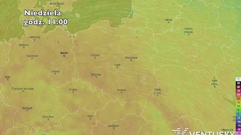 Rozkład temperatury w najbliższych dniach (ventusky