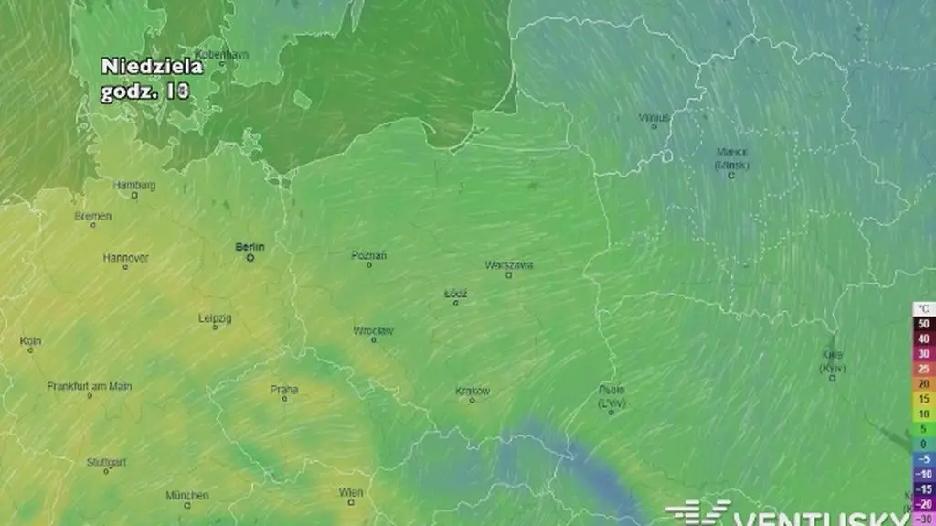 Rozkład temperatury w najbliższych dniach (ventusky