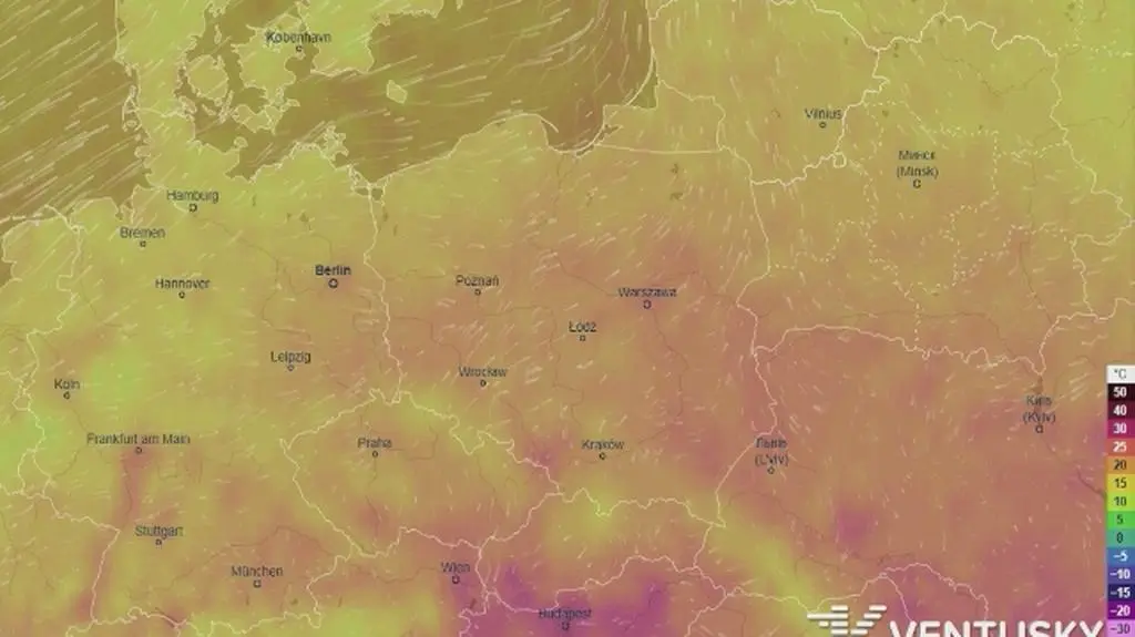 Rozkład temperatury w najbliższych dniach (Ventusky