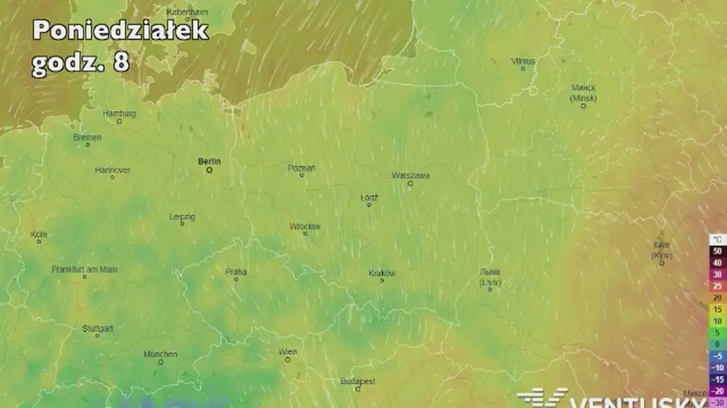 Rozkład temperatury w najbliższych dniach (ventusky