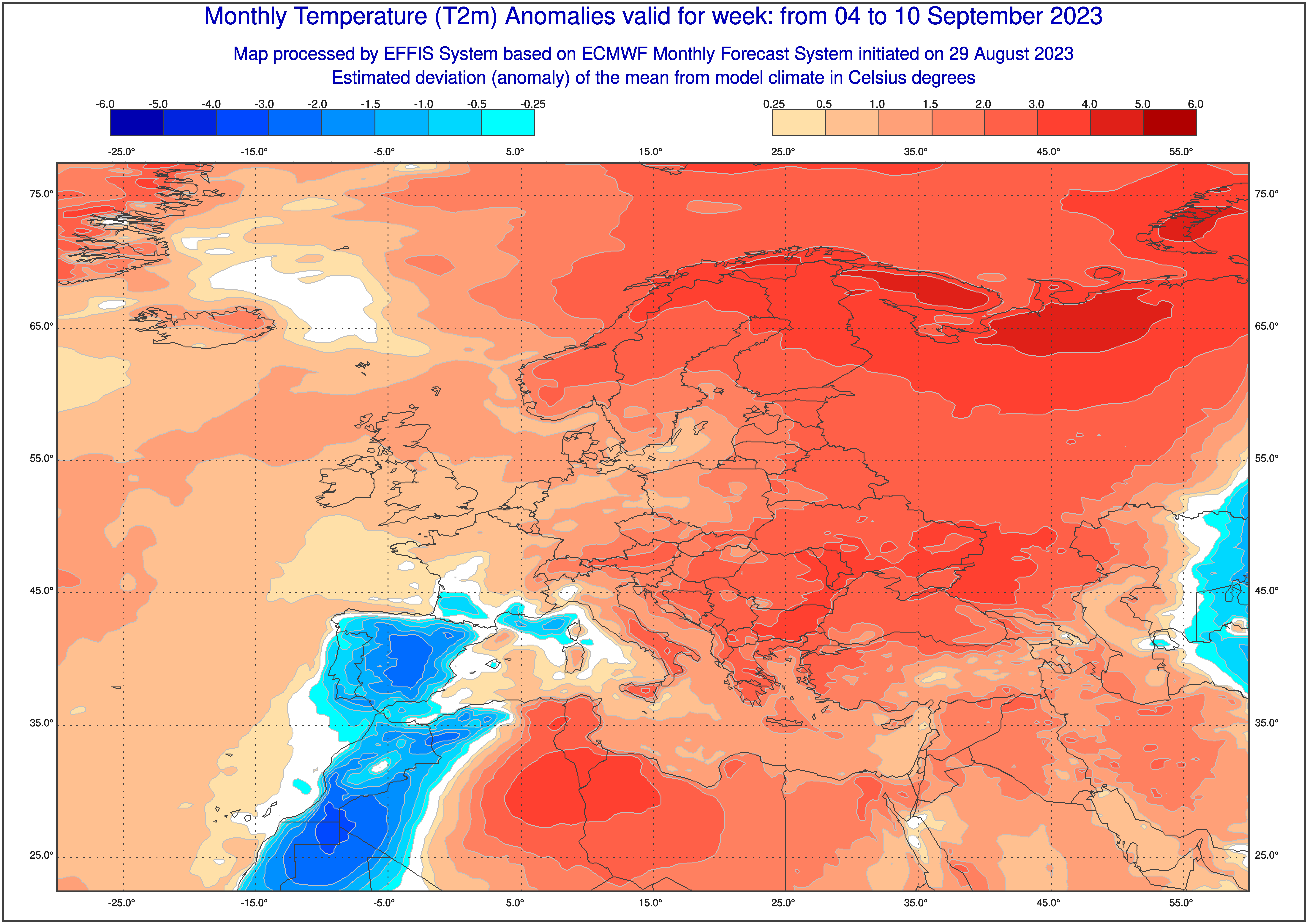 Prognoza odchylenia średniej temperatury od normy wieloletniej dla 4-10 września 2023