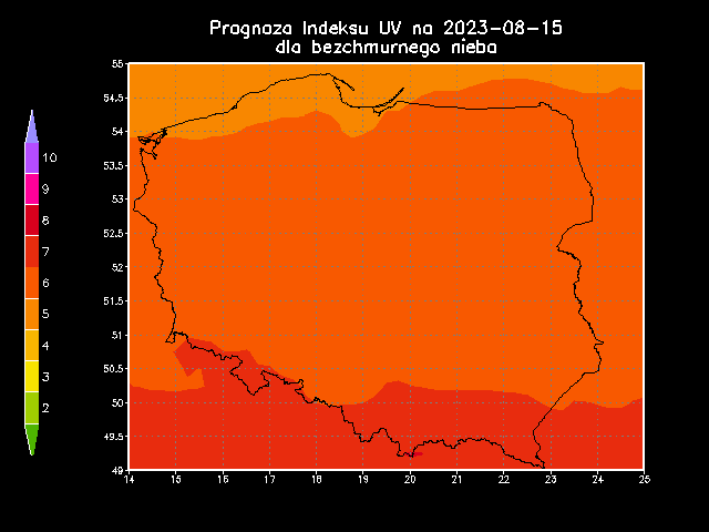 Prognoza indeksu UV na wtorek dla bezchmurnego nieba