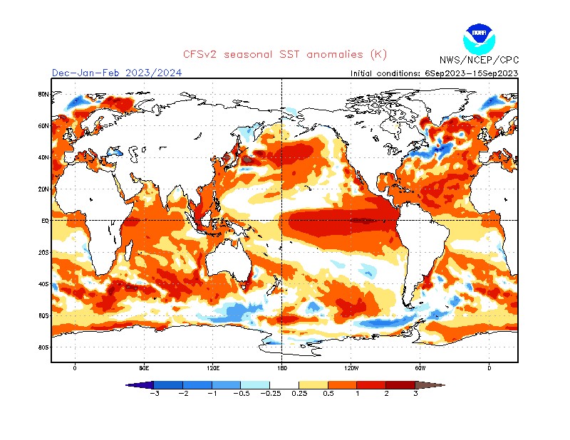 Prognozowane odchylenie temperatury wód powierzchniowych oceanów od normy wieloletniej