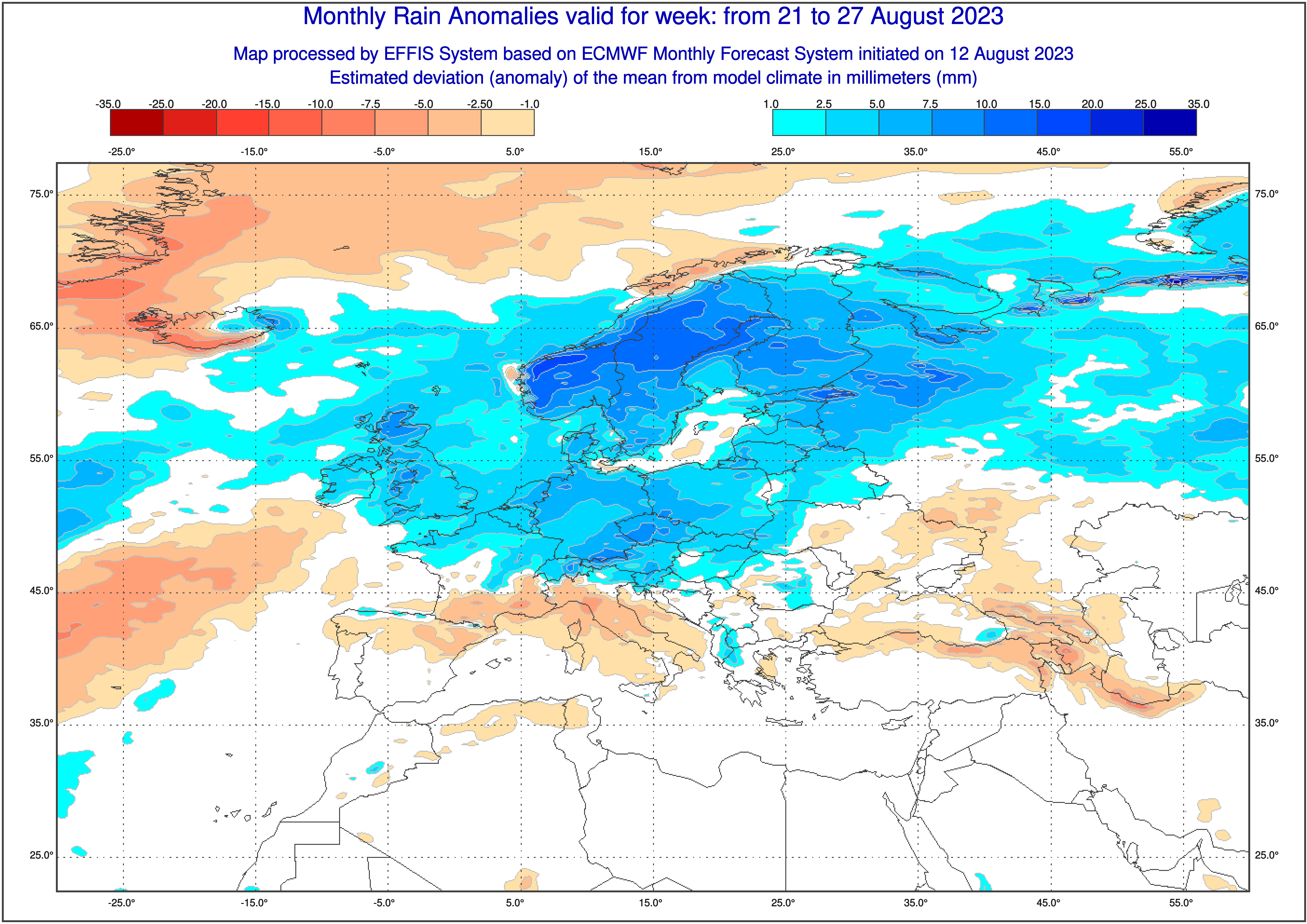 Prognoza odchylenia opadów od normy na plus w dniach 21-27 sierpnia według ECMWF