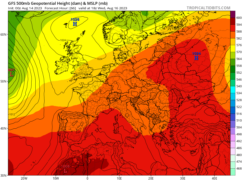 Klin wyżowy na wysokości pięciu kilometrów w dniu 16 sierpnia według modelu GFS/tropicaltidbits