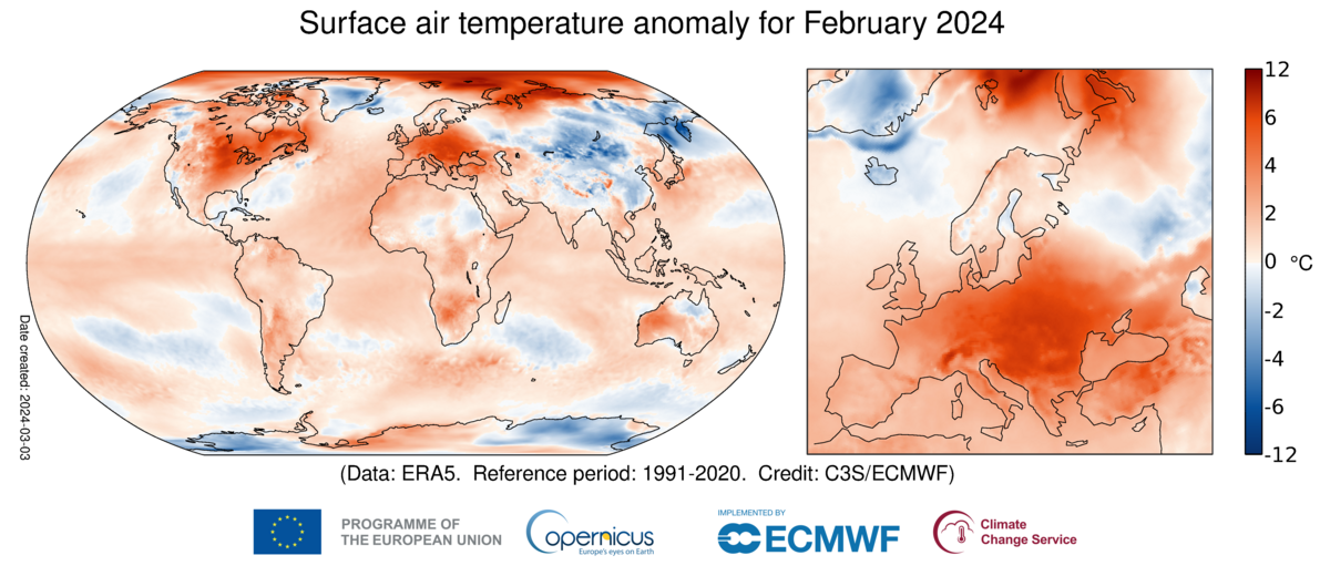 Anomalia temperatury powietrza dla lutego 2024