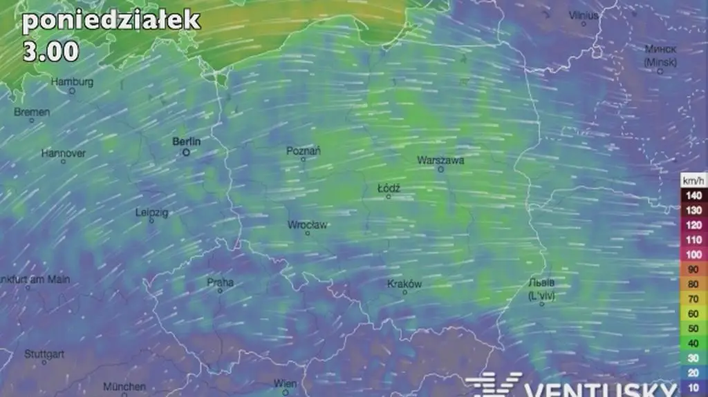 Sprawdź prędkość wiatru (źródło: Ventusky)