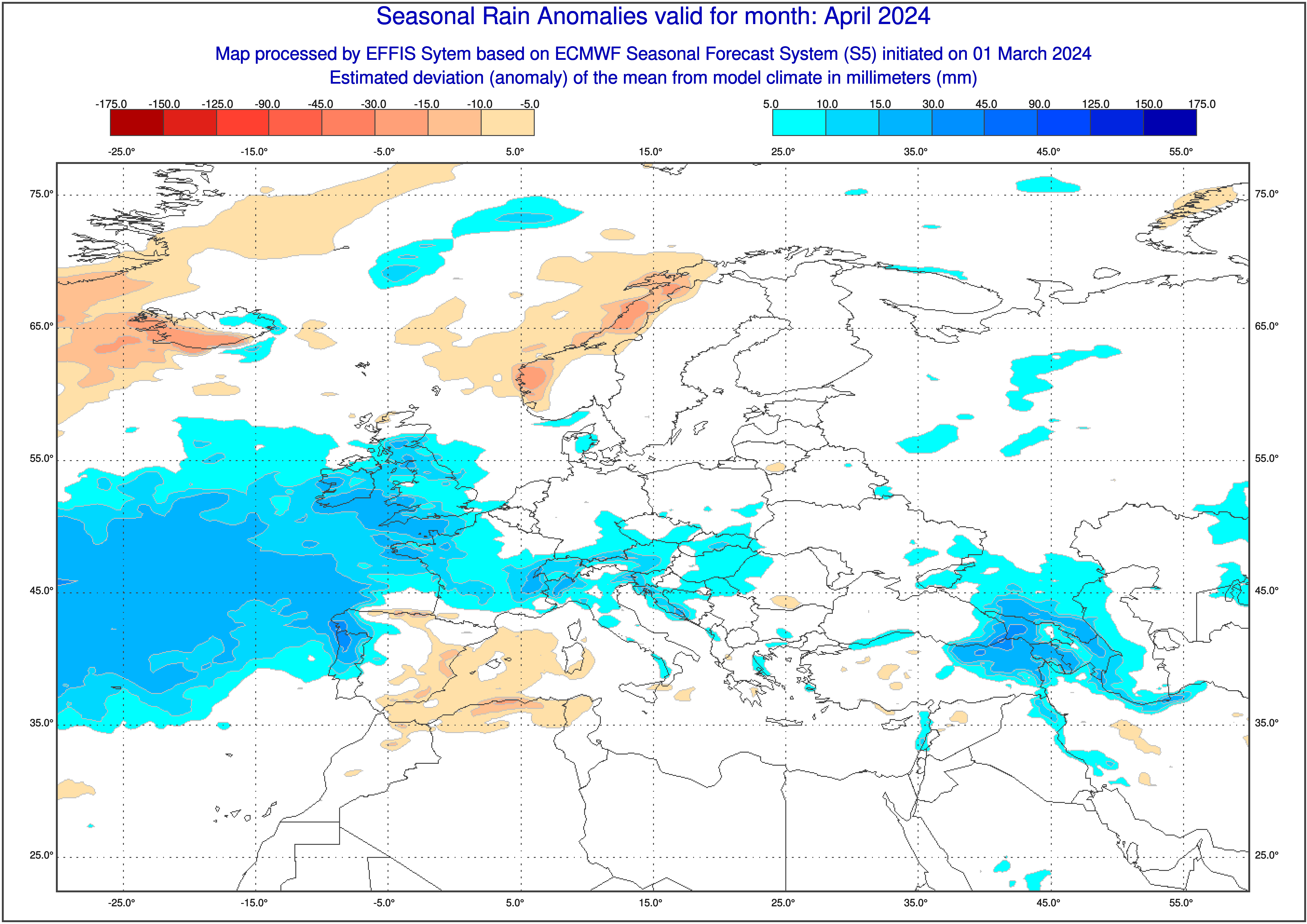 Prognoza odchylenia średniej sumy opadów w kwietniu wg ECMWF 