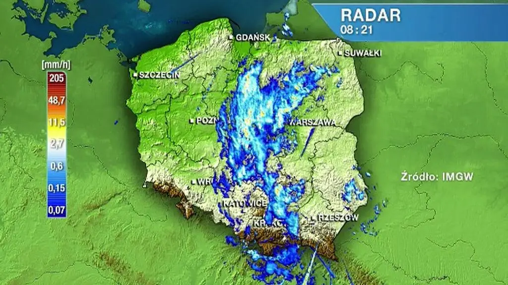 Strefa wilgoci nad Polską na obrazie radarowym (IMGW)