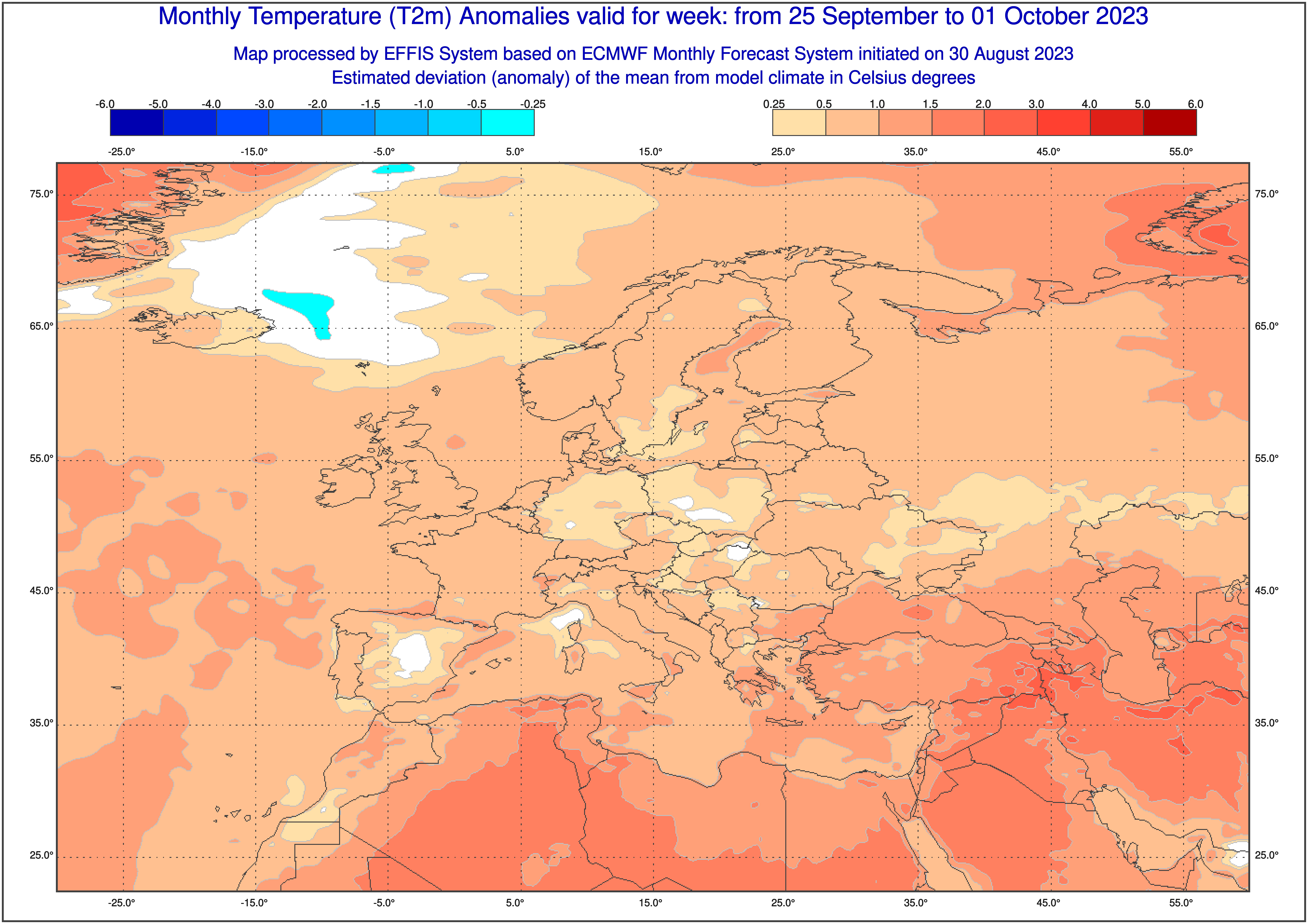 Prognoza odchylenia średniej temperatury od normy wieloletniej dla 25 września-1 października 2023