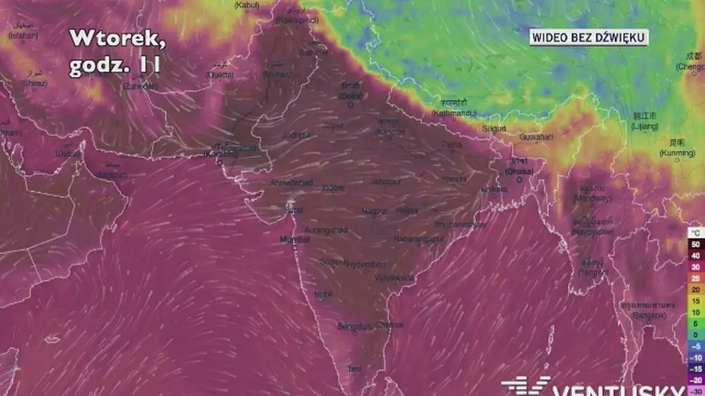 Temperatura w Indiach w poniedziałek i wtorek (Ventusky.com)