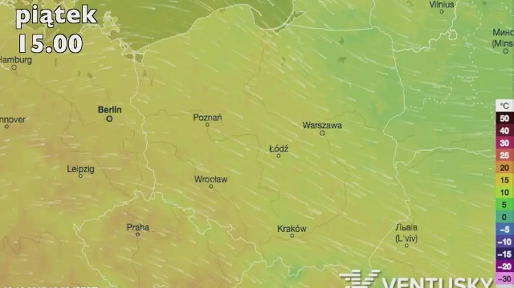 Temperatura w nadchodzących dniach (źródło: Ventusky)