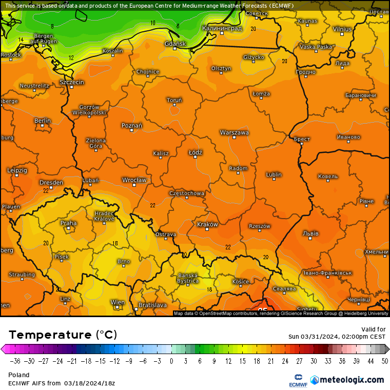 Prognoza temperatury maksymalnej wg ECMWF AIFS na 31 marca -wyjątkowo wysoka