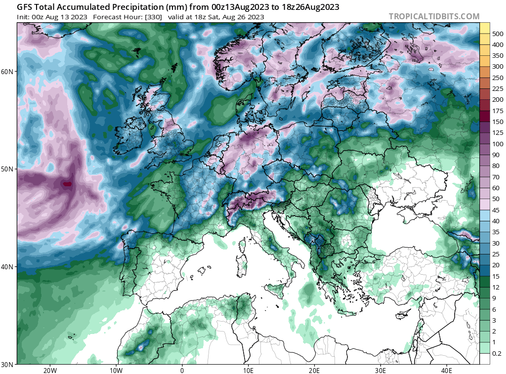 Prognoza skumulowanego opadu do 26 sierpnia według modelu GFS/tropicaltidbits