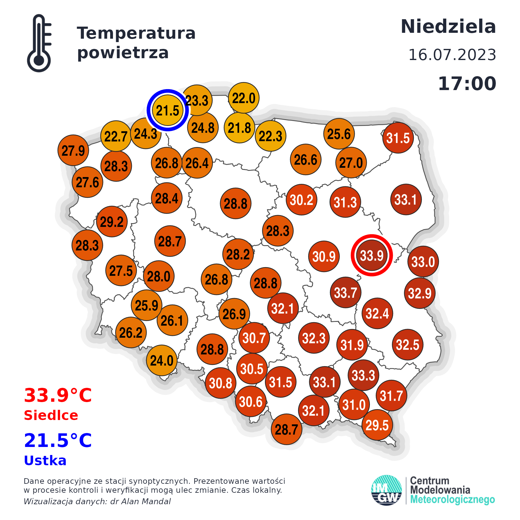Temperatura powietrza w niedzielę o godz. 17