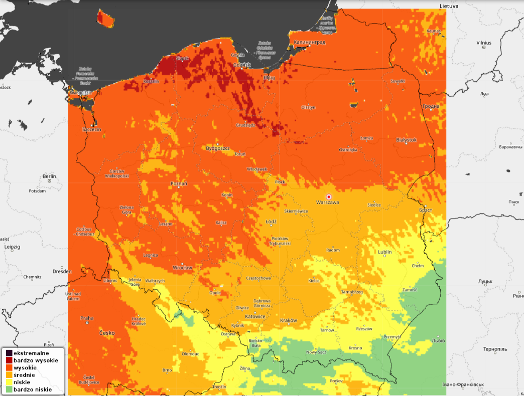 Prognozowane zagrożenie pożarowe we wtorek o godzinie 14