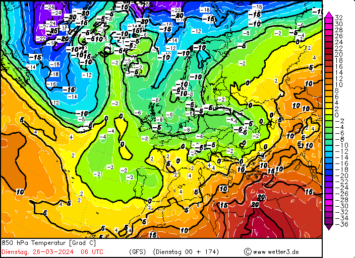 Zatoka chłodu prognozowa na 26 marca, temperatura na wysokości 1,5 km