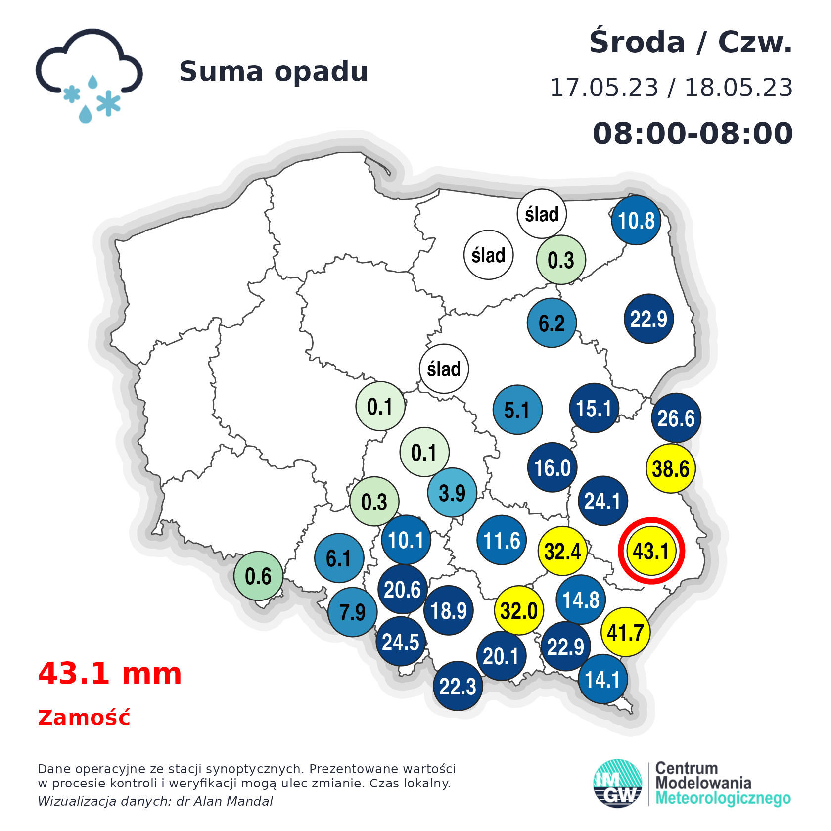 Suma opadu od godz. 8 w środę do godz. 8 w czwartek