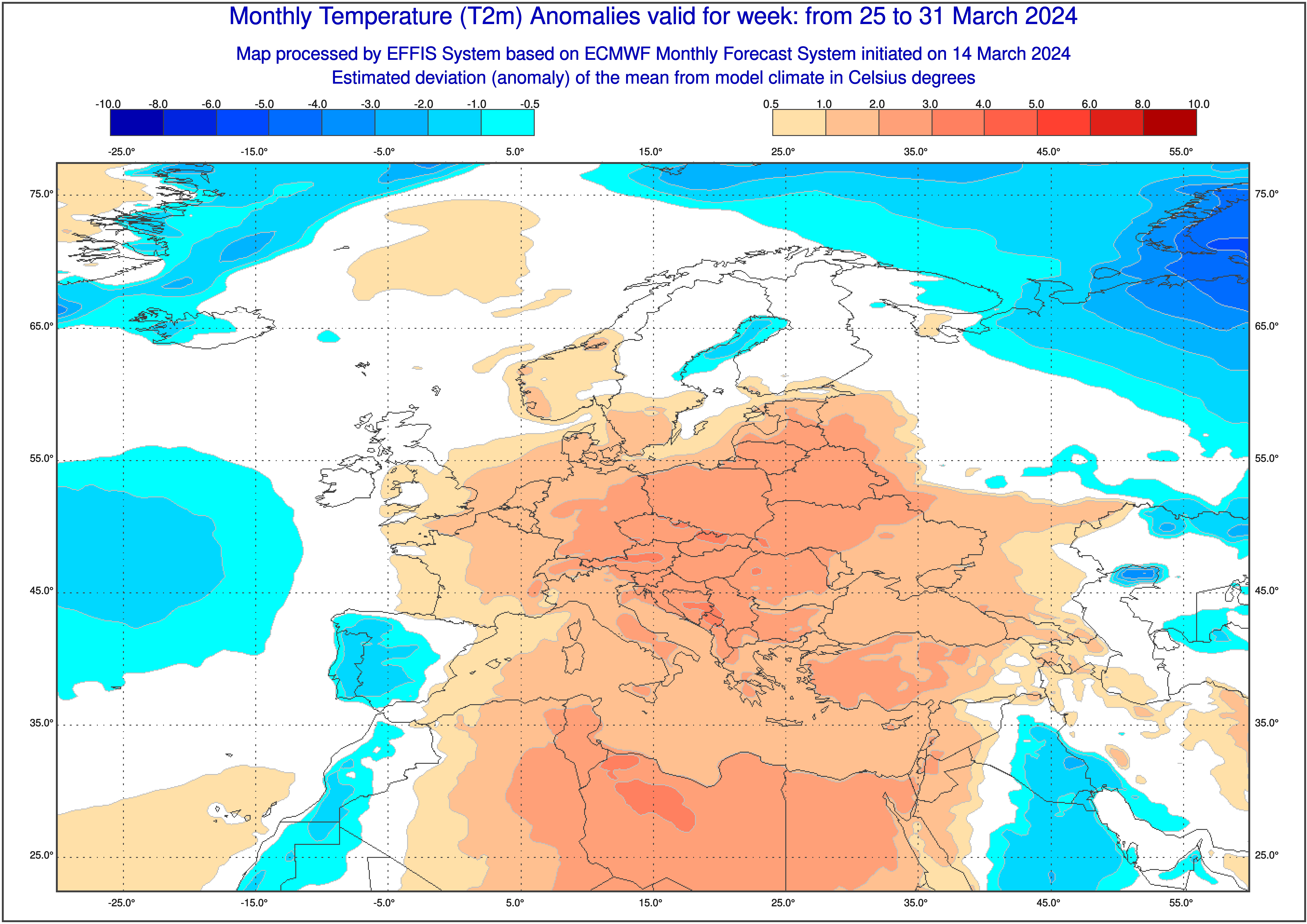 Prognoza odchylenia średniej temperatury od normy wieloletniej w dniach 25-31 marca 2024 r.