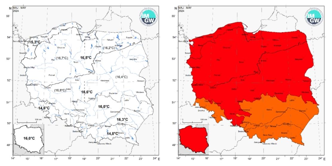 Wartości średniej obszarowej temperatury powietrza oraz klasyfikacja termiczna w maju 2024 r. w poszczególnych regionach klimatycznych Polski.