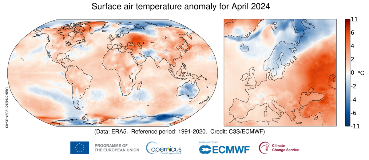 Anomalia temperatury powietrza przy powierzchni ziemi dla kwietnia 2024 w stosunku do średniej marcowej z lat 1991-2020.