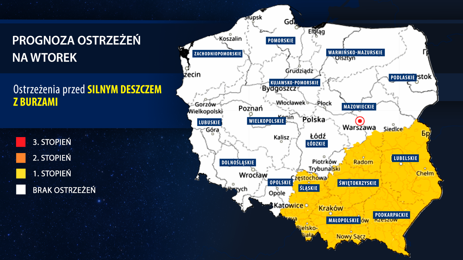 Prognoza zagrożeń IMGW na wtorek