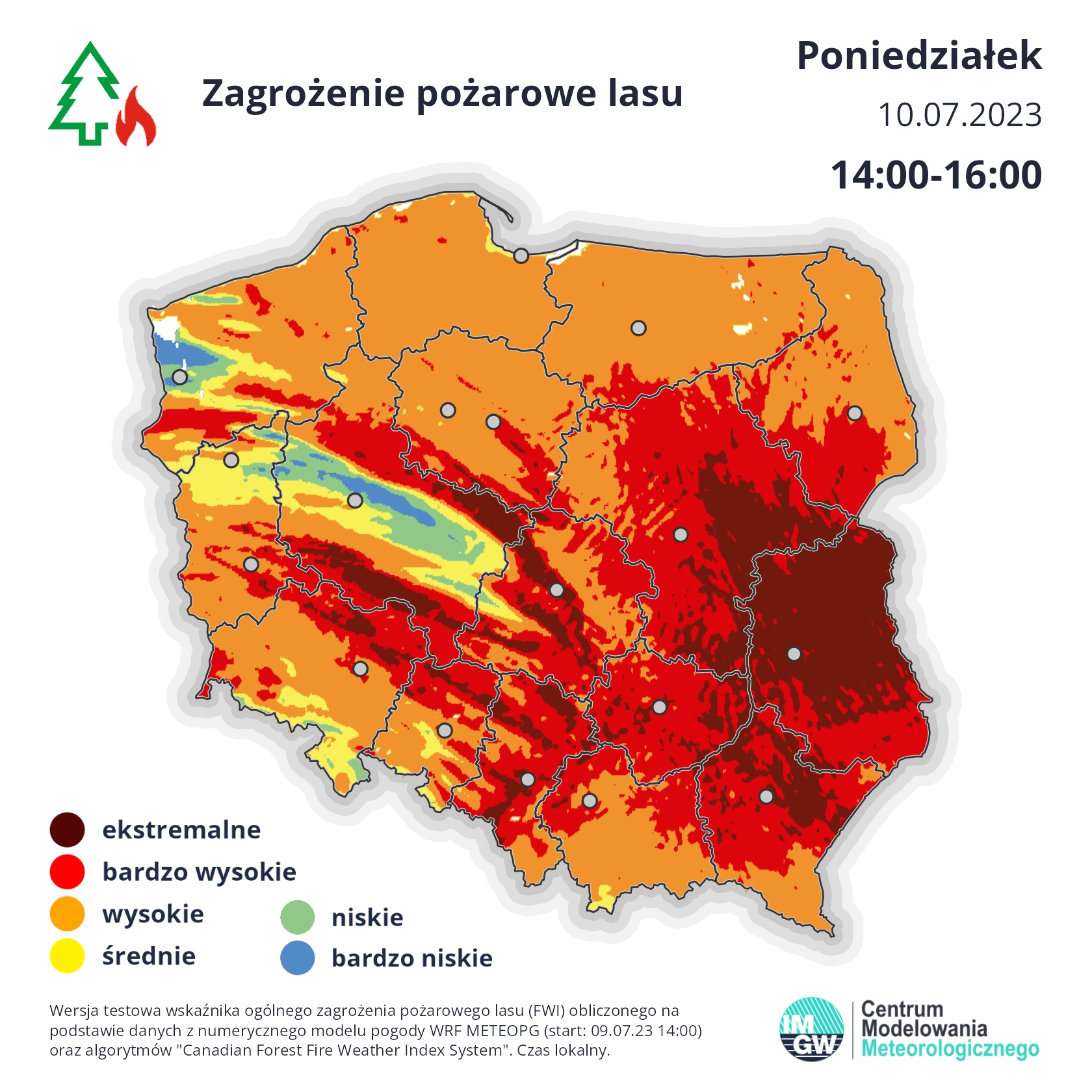 Zagrożenie pożarowe w poniedziałek 10.07.2023