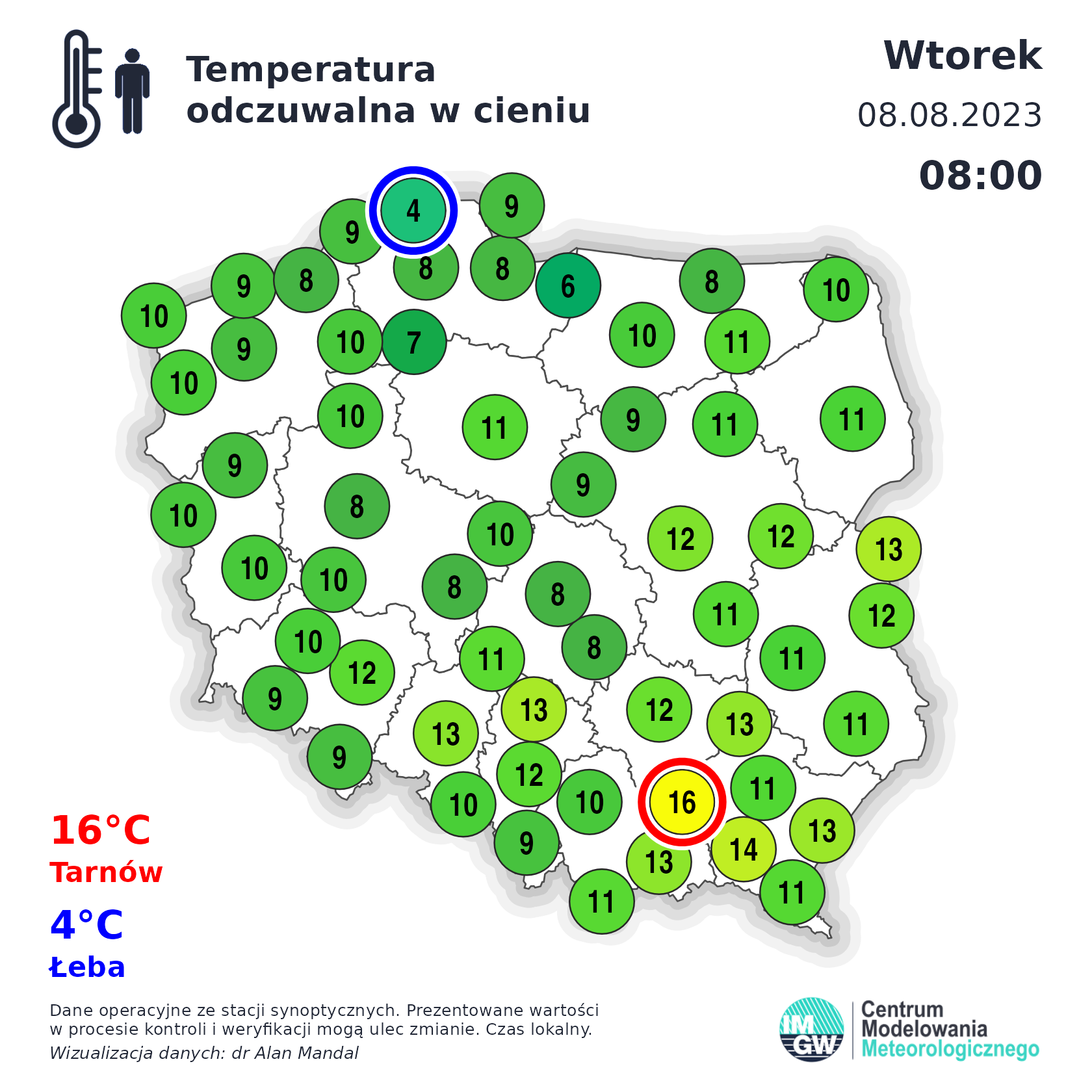 Temperatura odczuwalna odnotowana we wtorek o godzinie 8