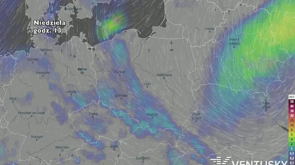 Wysokość i rozkład opadów w najbliższych dniach (ventusky