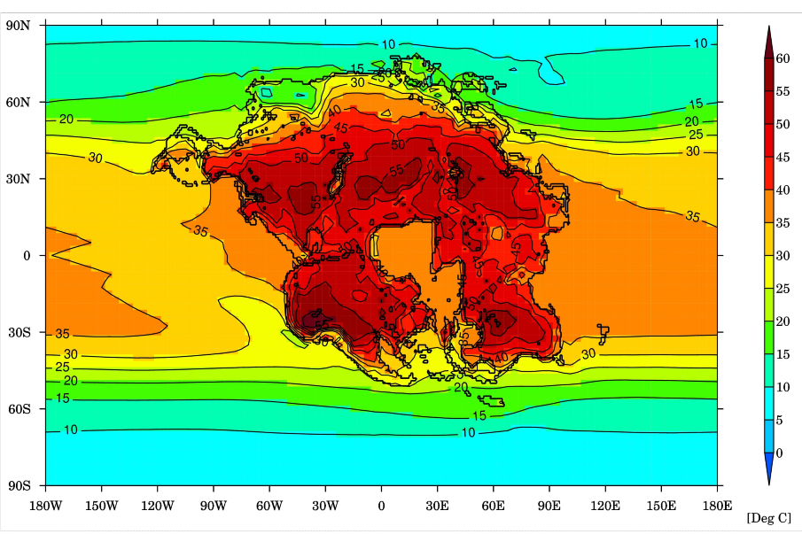 Średnia temperatura powietrza (podana w stopniach Celsjusza) dla najcieplejszego miesiąca panującego na superkontynencie Pangea Proxima