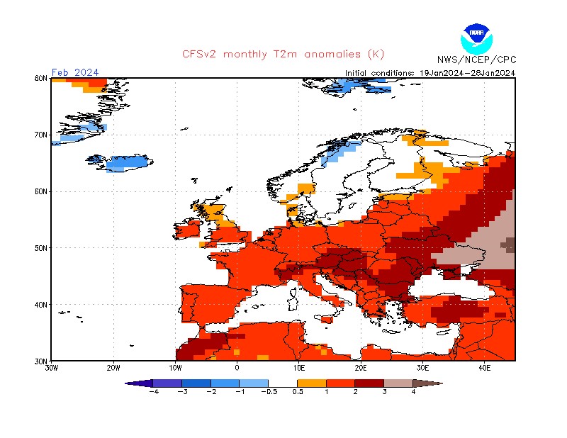 Prognoza odchylenia średniej miesięcznej temperatury od normy wieloletniej w lutym