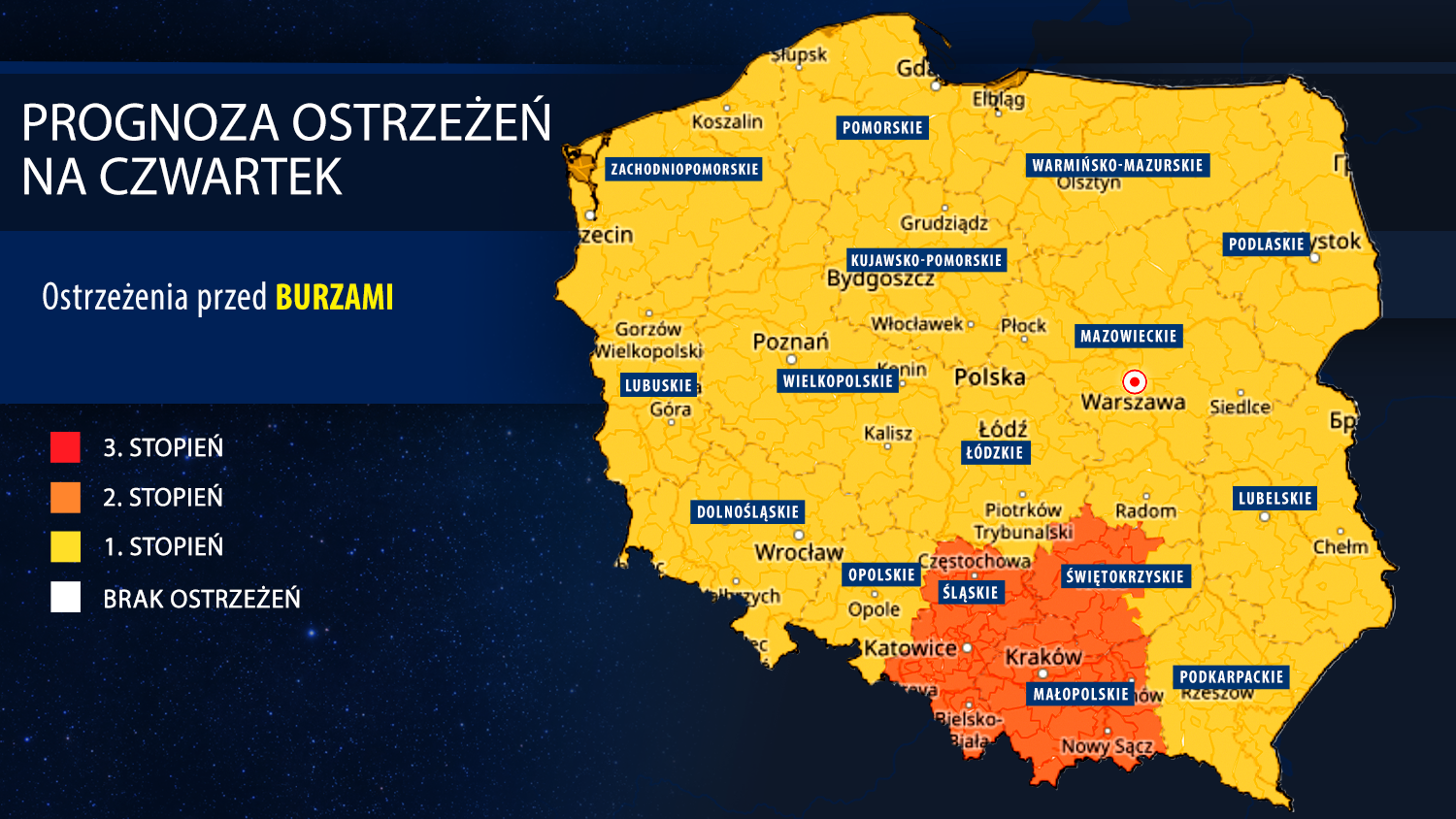 Prognoza ostrzeżeń meteorologicznych na czwartek
