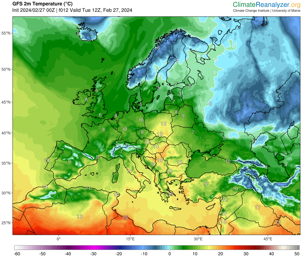 Temperatura powietrza w Europie o godzinie 12