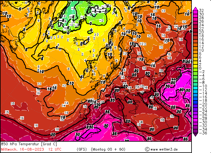 Prognoza temperatury na wysokości 1,5 km w środę 16 sierpnia według modelu GFS/wetter3.de