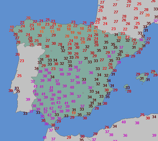 Temperatura maksymalna w poniedziałek 26.06 w Hiszpanii 