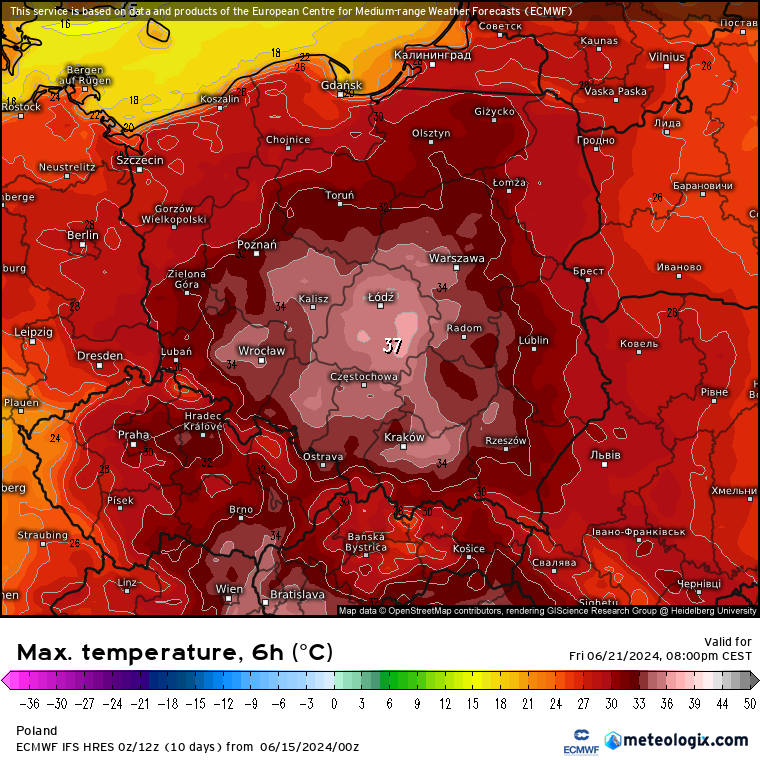 Prognoza temperatury maksymalnej na piątek 22.06