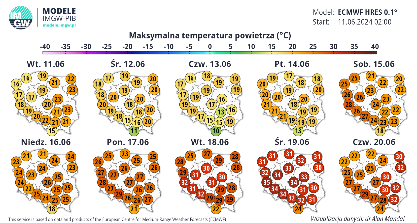 Maksymalna temperatura powietrza na okres 11-20.06.24 wg modelu ECMWF