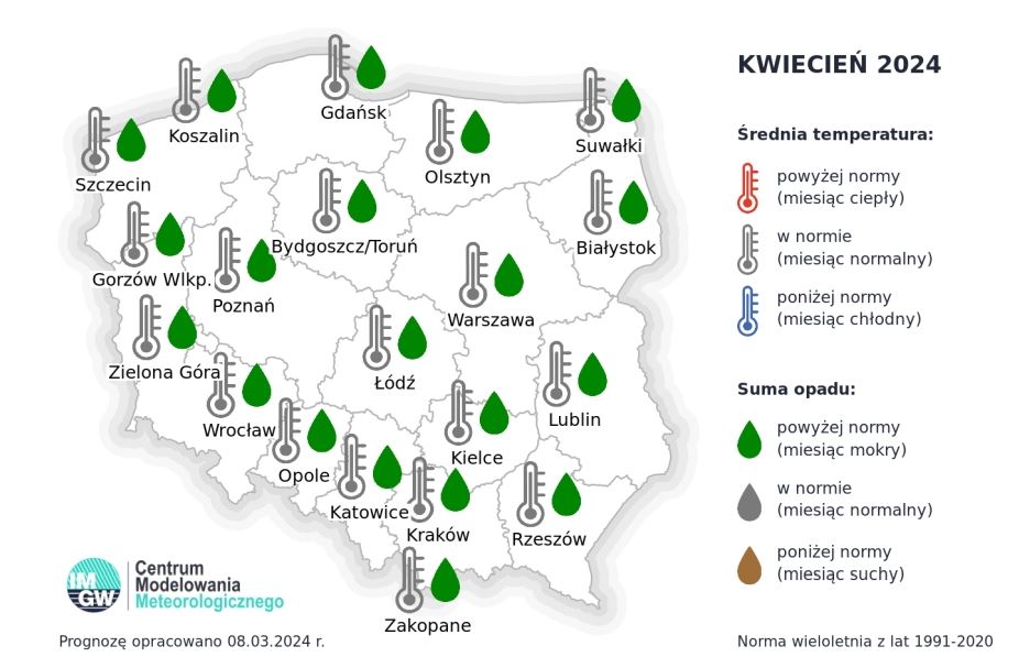 Prognoza średniej miesięcznej temperatury powietrza i miesięcznej sumy opadów atmosferycznych na kwiecień 2024 r. dla wybranych miast w Polsce