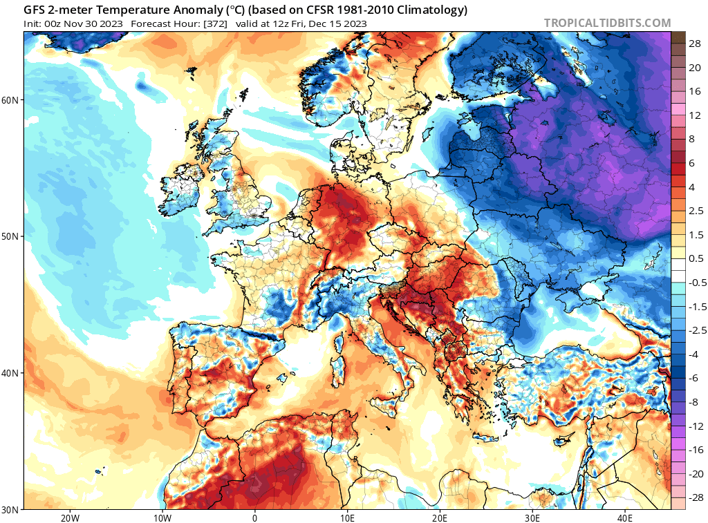 Prognoza odchylenia temperatury od normy 15 grudnia