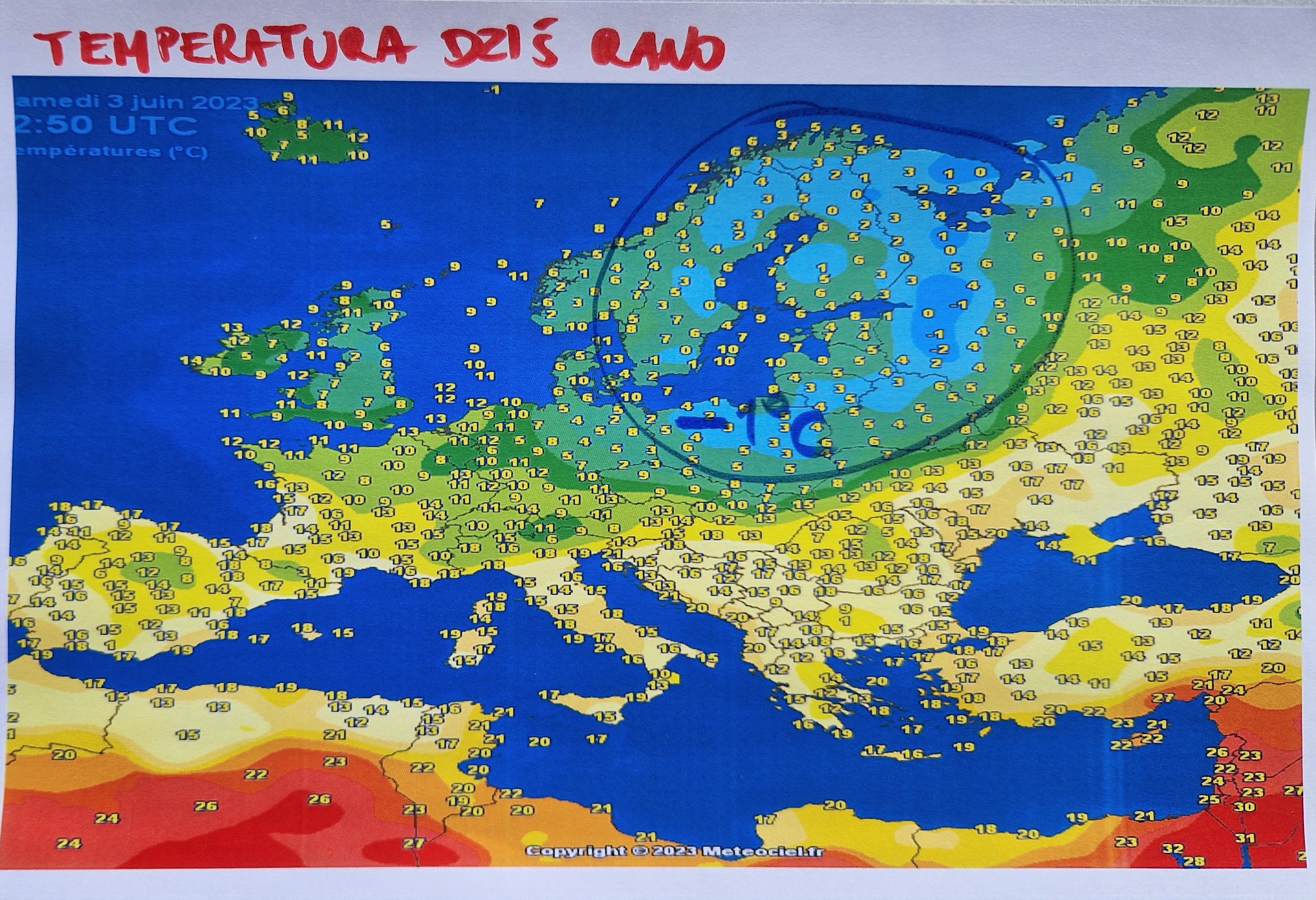 Temperatura powietrza w sobotę 3.06 rano w Europie