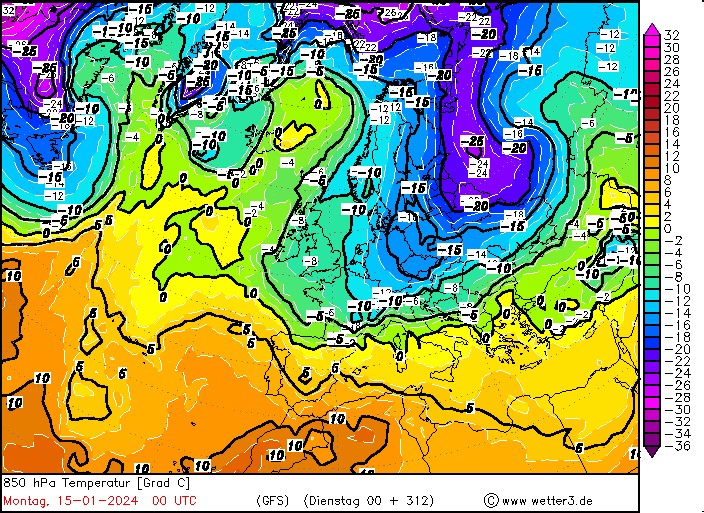 Prognoza temperatury na 15 stycznia na wysokości 1,5 km według modelu GFS